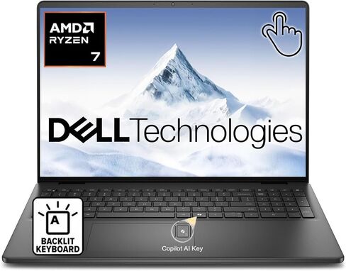 كمبيوتر محمول للأعمال مقاس 16 بوصة بدقة FHD + شاشة تعمل باللمس من Dell - AMD Ryzen 7 250 (Beat Core 7 150U) | 32 جيجابايت DDR5 + 1 تيرابايت SSD | لوحة مفاتيح بإضاءة خلفية | مفتاح مساعد الطيار AI | كاميرا ويب فل اتش دي | واي فاي 6 | ويندوز 11 in Kuwait