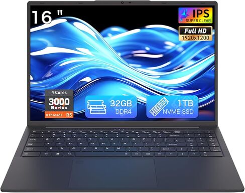 Auusda Laptop Computer, 32GB RAM, 1TB SSD, Ryzen 5 3000 Series 4C8T 3.7/2.1GHz, 16" FHD+, Webcam, Privacy Shutter, Backlit KB, Fingerprint, USB-C 65W Charging, 3 USBA, Win11Pro, WiFi 6, T160R, Black in Saudi Arabia