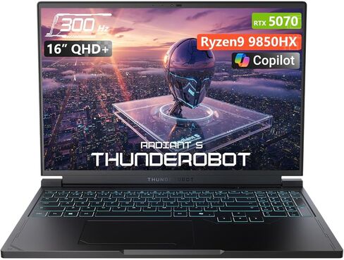 كمبيوتر محمول للألعاب Thunderobot Radiant 16S R9 5070 300 هرتز، 16 بوصة QHD+ 2.5K، AMD Ryzen 9 9850HX، GeForce RTX 5070، شاشة Hummingbird حتى 300 هرتز، 32 جيجابايت DDR5، 1 تيرابايت SSD، لوحة مفاتيح RGB بإضاءة خلفية، Wi-Fi 6، Win 11 Home in Kuwait