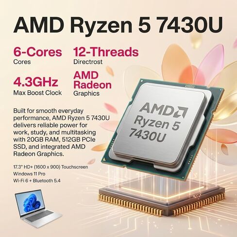 كمبيوتر محمول HP للأعمال بشاشة لمس 17.3 بوصة، AMD Ryzen 5 7430U، ذاكرة الوصول العشوائي 20 جيجابايت، 512 جيجابايت SSD، HD + مضاد للتوهج، Wi-Fi 6، HDMI، Win 11 Pro، Office 365 لمدى الحياة على الويب، لوحة مفاتيح بإضاءة خلفية، مع حزمة كمبيوتر محمول، فضي in Kuwait