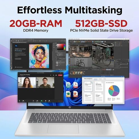 كمبيوتر محمول HP للأعمال بشاشة لمس 17.3 بوصة، AMD Ryzen 5 7430U، ذاكرة الوصول العشوائي 20 جيجابايت، 512 جيجابايت SSD، HD + مضاد للتوهج، Wi-Fi 6، HDMI، Win 11 Pro، Office 365 لمدى الحياة على الويب، لوحة مفاتيح بإضاءة خلفية، مع حزمة كمبيوتر محمول، فضي in Kuwait