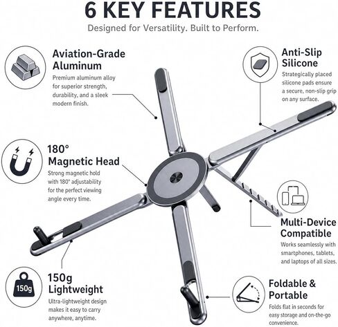Magnetic Aluminum Stand, 4-in-1 Laptop Riser, Tablet Holder, Phone Tripod & Selfie Stick, 8-Level Adjustable, Fits iPhone 12-16, iPad, MacBook 16 Inch, Spase Gray in Kuwait