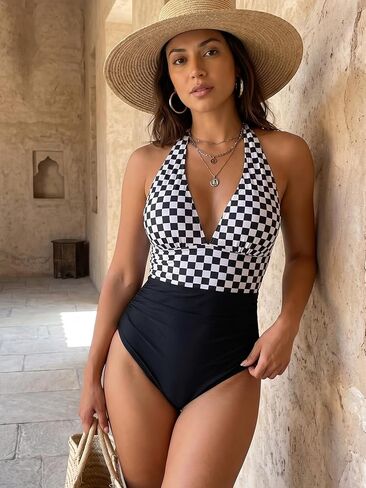 Womens One Piece Swimsuit Checkerboard Print Halter Neck Ruched Tummy Control Vacation Ready Beach Pool Party in Saudi Arabia
