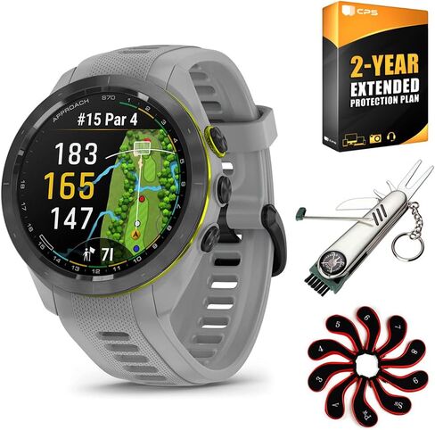 Garmin Approach S70 42 mm Premium GPS Golf Watch, Powder Grey Band (010-02746-01) Bundle with 2 YR CPS Enhanced Protection Pack, Deco Gear 7-in-1 Golf Tool and Iron Head Covers Set in Kuwait