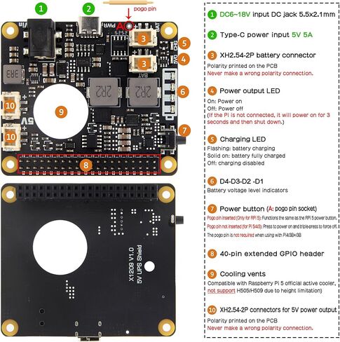 قبعة Geekworm X1209 5.1V 6A UPS مع مدخل واسع 6-18V لـ Raspberry Pi 5/4B/3B+/3B in Kuwait