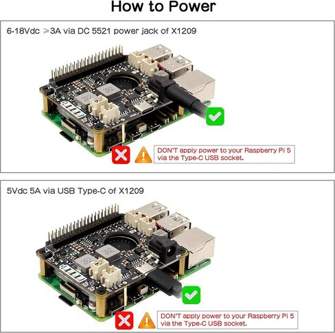 قبعة Geekworm X1209 5.1V 6A UPS مع مدخل واسع 6-18V لـ Raspberry Pi 5/4B/3B+/3B in Kuwait