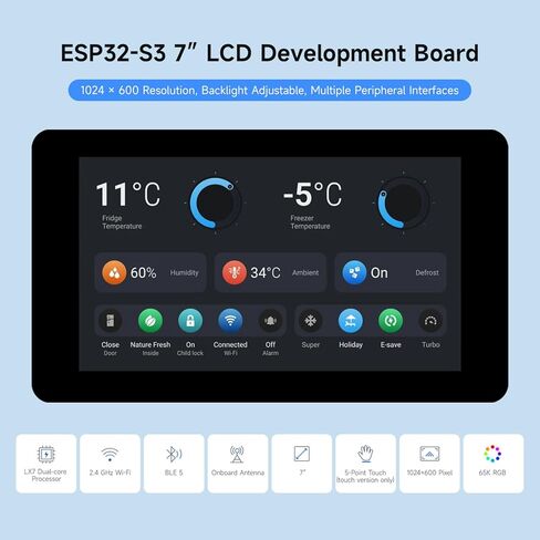 Waveshare 2PCS ESP32-S3 7inch LCD Development Board, ESP32 with Display, 1024×600, 32-bit LX7 Dual-core Processor, 240MHz Frequency, Wi-Fi & BLE Support, Onboard Antenna, with Touch Function in Kuwait