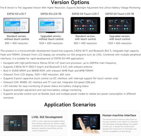 Waveshare 2PCS ESP32-S3 7inch LCD Development Board, ESP32 with Display, 1024×600, 32-bit LX7 Dual-core Processor, 240MHz Frequency, Wi-Fi & BLE Support, Onboard Antenna, with Touch Function in Kuwait