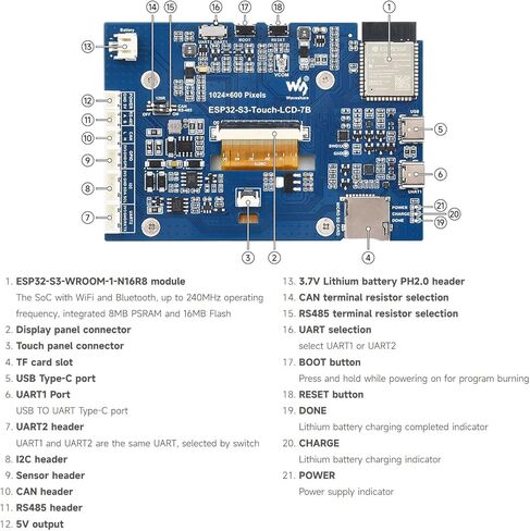 Waveshare 2PCS ESP32-S3 7inch LCD Development Board, ESP32 with Display, 1024×600, 32-bit LX7 Dual-core Processor, 240MHz Frequency, Wi-Fi & BLE Support, Onboard Antenna, with Touch Function in Kuwait