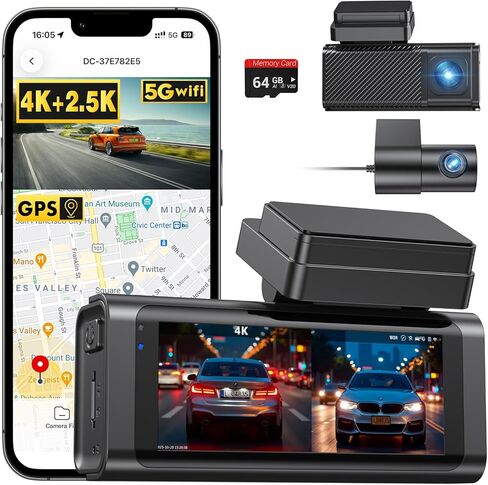 4K+2.5K Dash Cam Front and Rear,Free 64GB Card Included,Dash Camera for Cars,2-Channel Car Camera with 5.8G WiFi GPS,3.16'' IPS Screen,G-Sensor,24H Parking Monitor, Max 256GB in Kuwait