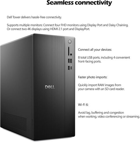 أجهزة الكمبيوتر المكتبية Dell Tower PC Ect1250 للمنزل والأعمال، معالج Intel 4-Core من الجيل الرابع، ذاكرة الوصول العشوائي DDR5 سعة 16 جيجابايت، 512 جيجابايت PCIe SSD، WiFi 6، بلوتوث، DisplayPort، HDMI، النوع C، Windows 11 Pro (متجدد) in Kuwait