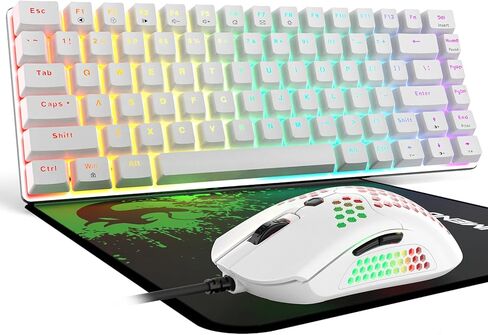 AK33 Gaming Keyboard and Mouse 3in1 Set Rainbow LED Backlit Wired 82 Keys Mechanical Keyboard Anti Ghosting 12000 DPI Lightweight Gaming Mouse with Honeycomb Shell Large Mouse Pad White Blue Switch in Kuwait