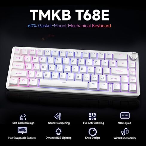 مجموعة لوحة مفاتيح وماوس للألعاب TMKB T68E & Falcon M1، مفتاح بلوبيري ميكانيكي سلكي 60% قابل للتبديل السريع 24000 نقطة لكل بوصة، بطارية 180 ساعة RGB، أبيض غير لامع للكمبيوتر/Mac/الكمبيوتر المحمول in Kuwait