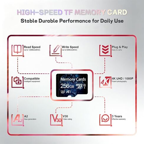 256GB Micro SD Card - microSDXC UHS-I High-Speed Flash Memory Card with SD Adapter, 100MB/s Fast Read Speed, C10/U3/A2/V60 Performance, 4K UHD & Full HD Video Recording for All Devices (Black1) in Kuwait