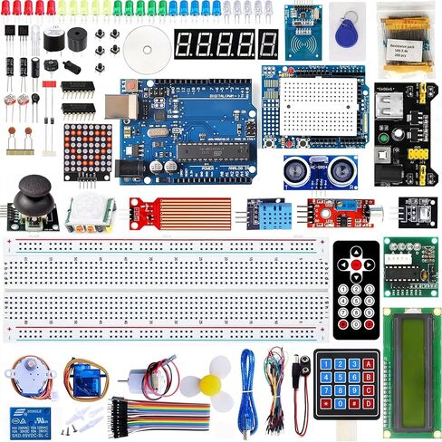 Uno R3 Starter Kit المتوافقة مع Arduino IDE - أكثر من 200 مكون إلكتروني مع دورة فيديو بدقة 720 بكسل، وأجهزة استشعار، ومصابيح LED، ولوحة توصيل، ودعم عبر الإنترنت للمبتدئين في مجال العلوم والتكنولوجيا والهندسة والرياضيات in Kuwait