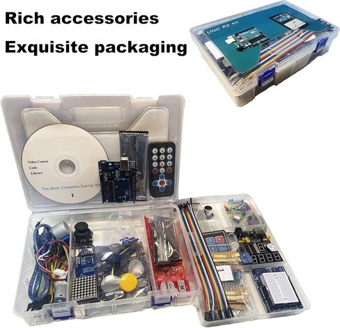 Uno R3 Starter Kit المتوافقة مع Arduino IDE - أكثر من 200 مكون إلكتروني مع دورة فيديو بدقة 720 بكسل، وأجهزة استشعار، ومصابيح LED، ولوحة توصيل، ودعم عبر الإنترنت للمبتدئين في مجال العلوم والتكنولوجيا والهندسة والرياضيات in Kuwait