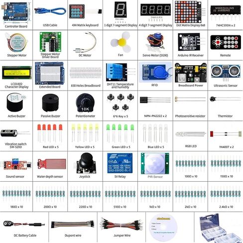 Uno R3 Starter Kit المتوافقة مع Arduino IDE - أكثر من 200 مكون إلكتروني مع دورة فيديو بدقة 720 بكسل، وأجهزة استشعار، ومصابيح LED، ولوحة توصيل، ودعم عبر الإنترنت للمبتدئين في مجال العلوم والتكنولوجيا والهندسة والرياضيات in Kuwait