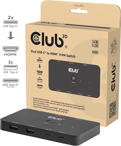 Club3D CSV-2512 Dual USB-C to HDMI PD3.0 KVM Switch 100W 4K60Hz in Kuwait
