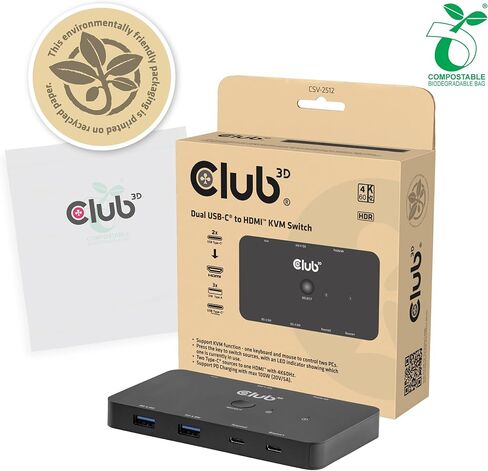 Club3D CSV-2512 Dual USB-C to HDMI PD3.0 KVM Switch 100W 4K60Hz in Kuwait