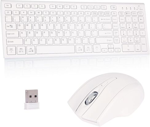 مجموعة لوحة مفاتيح وماوس لاسلكية، 2.4 جيجا بايت USB صامتة ورفيعة للغاية ولوحة مفاتيح كاملة الحجم، متوافقة مع أجهزة الكمبيوتر الشخصية، ويندوز، ماك، ماك بوك (أبيض) in Kuwait