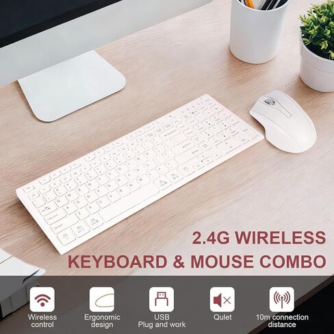 مجموعة لوحة مفاتيح وماوس لاسلكية، 2.4 جيجا بايت USB صامتة ورفيعة للغاية ولوحة مفاتيح كاملة الحجم، متوافقة مع أجهزة الكمبيوتر الشخصية، ويندوز، ماك، ماك بوك (أبيض) in Kuwait