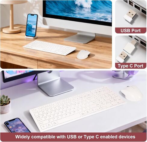 مجموعة لوحة مفاتيح وماوس لاسلكية، 2.4 جيجا بايت USB صامتة ورفيعة للغاية ولوحة مفاتيح كاملة الحجم، متوافقة مع أجهزة الكمبيوتر الشخصية، ويندوز، ماك، ماك بوك (أبيض) in Kuwait