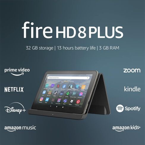 Like-New Amazon Fire HD 8 Plus tablet, 8" HD Display, 32 GB, 3GB RAM, 30% faster processor, and Made for Amazon Wireless Charging Dock, (2022 release), Gray in Kuwait
