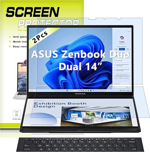 واقي شاشة مضاد للضوء الأزرق لجهاز ASUS Zenbook Duo Dual مقاس 14 بوصة 2 في 1 للكمبيوتر المحمول 2024-2025 (UX8406)، واقي شاشة فائق الوضوح HD 9H (مجموعة تتضمن الشاشات الأولية والثانوية) in Kuwait