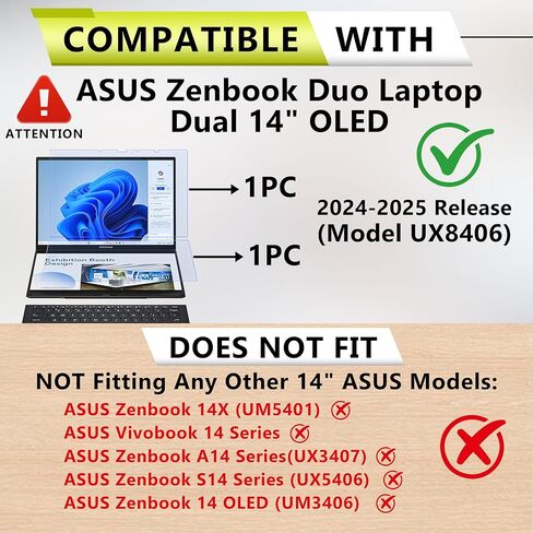 واقي شاشة مضاد للضوء الأزرق لجهاز ASUS Zenbook Duo Dual مقاس 14 بوصة 2 في 1 للكمبيوتر المحمول 2024-2025 (UX8406)، واقي شاشة فائق الوضوح HD 9H (مجموعة تتضمن الشاشات الأولية والثانوية) in Kuwait