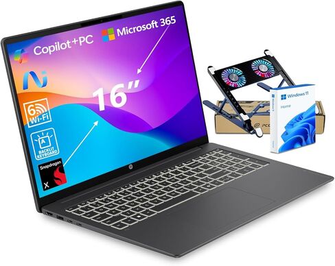 HP OmniBook 3 16" 2K New Model Laptop w/Microsoft 365, Qualcomm 8-Core CPU for Copilot+, 16GB RAM, 512GB SSD, Backlit KB, Win11H, w/Laptop Cooler, Mica Black (16-bz0010wm) in Kuwait