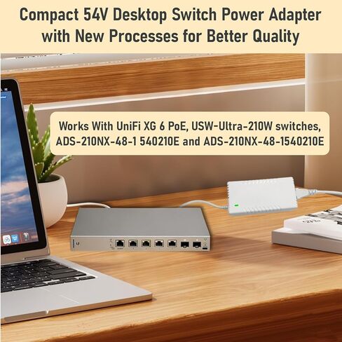 محول طاقة 54 فولت متوافق مع UniFi XG 6 PoE US-XG-6POE USW-Ultra-210W 6 8 منافذ تبديل ADS-210NX-48-1 540210E ADS-210NX-48-1540210E استبدال شاحن سلك إمداد الطاقة الأبيض 210 وات in Kuwait
