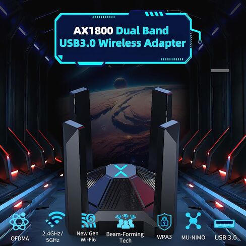 محول AX1800 USB WiFi للكمبيوتر المكتبي والكمبيوتر المحمول، 4 هوائيات بطاقة شبكة لاسلكية عالية الكسب مع نطاق مزدوج 2.4 جيجا هرتز، 5 جيجا هرتز، WPA3، USB3.0، بدون برامج تشغيل لنظام التشغيل Windows 11/10 فقط in Kuwait