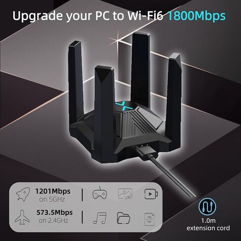 محول AX1800 USB WiFi للكمبيوتر المكتبي والكمبيوتر المحمول، 4 هوائيات بطاقة شبكة لاسلكية عالية الكسب مع نطاق مزدوج 2.4 جيجا هرتز، 5 جيجا هرتز، WPA3، USB3.0، بدون برامج تشغيل لنظام التشغيل Windows 11/10 فقط in Kuwait