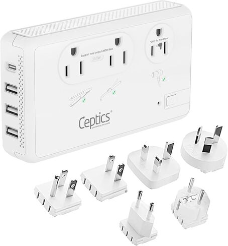 Ceptics 220V to 110V Travel Voltage Converter for Hair Dryer, 2000W & 200W outlets for Dryers, Curling Iron, Straightener, Chargers, Step Down, 4 USB Ports (1x USB-C) with 6 SWadApt attachments in Kuwait