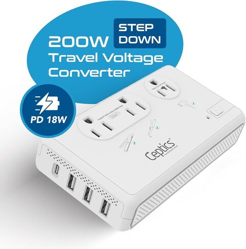 Ceptics 220V to 110V Travel Voltage Converter for Hair Dryer, 2000W & 200W outlets for Dryers, Curling Iron, Straightener, Chargers, Step Down, 4 USB Ports (1x USB-C) with 6 SWadApt attachments in Kuwait