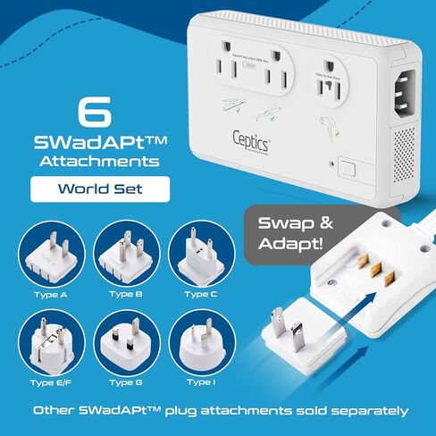 Ceptics 220V to 110V Travel Voltage Converter for Hair Dryer, 2000W & 200W outlets for Dryers, Curling Iron, Straightener, Chargers, Step Down, 4 USB Ports (1x USB-C) with 6 SWadApt attachments in Kuwait