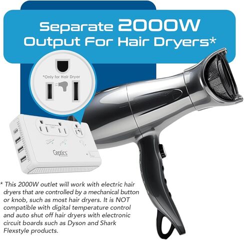 Ceptics 220V to 110V Travel Voltage Converter for Hair Dryer, 2000W & 200W outlets for Dryers, Curling Iron, Straightener, Chargers, Step Down, 4 USB Ports (1x USB-C) with 6 SWadApt attachments in Kuwait