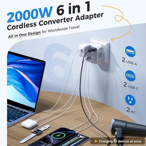 Upgraded 2000W Voltage Converter US to Europe for Hair Dryer - 220V to 110V Converter for European Travel, Power Converter Adapter Combo with 2 PD/QC & UK/AU/US/IT/European Travel Plug Adapters in Kuwait