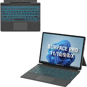 لوحة مفاتيح Surface Pro 11/10/9/8/X مع لوحة تتبع - غطاء بلوتوث لاسلكي، 7 مفاتيح بإضاءة خلفية ملونة، تصميم مغناطيسي نحيف للغاية، USB-C قابل لإعادة الشحن مع حامل قلم in Kuwait