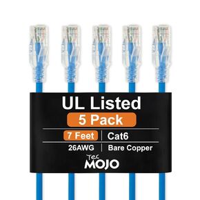 Tecmojo UL Listed Cat6 7ft Ethernet Cable, 26AWG 100% Pure Copper Conductors, Cat6 Network Cable, Snagless RJ45 for Router, Modem, Xbox, Laptop, Servers, 5-Pack, Blue in Kuwait