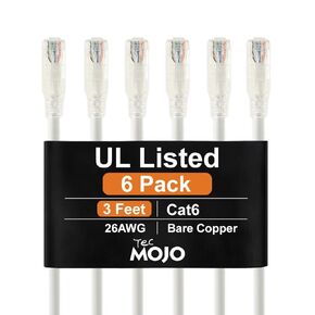 Tecmojo UL Listed Cat6 3ft Ethernet Cable, 26AWG 100% Pure Copper Conductors, Cat6 Network Cable, Snagless RJ45 for Router, Modem, Xbox, Laptop, Servers, 6-Pack, White in Kuwait