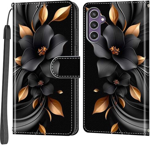 Case Wallet for Samsung Galaxy S23 FE, [Kickstand] 3 Card Holder Stand [Shockproof TPU Interior Shell], PU Leather Magnetic Protective Flip Cover 6.4", Black Flower in Saudi Arabia