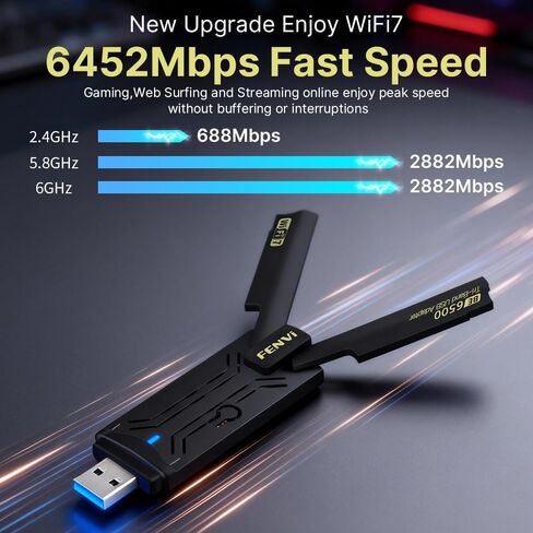 BE6500 WiFi 7 USB Adapter, Tri-Band 6GHz/5GHz/2.4GHz, 6.5Gbps High Speed, USB 3.0 Dual Antenna, 4K-QAM, Low Latency, for PC Gaming, Compatible with Windows 11/10 in Kuwait