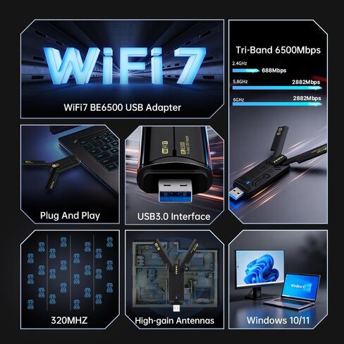 BE6500 WiFi 7 USB Adapter, Tri-Band 6GHz/5GHz/2.4GHz, 6.5Gbps High Speed, USB 3.0 Dual Antenna, 4K-QAM, Low Latency, for PC Gaming, Compatible with Windows 11/10 in Kuwait
