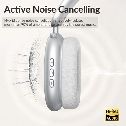 سماعات رأس Wentronic Y02 بخاصية إلغاء الضوضاء النشطة، بطارية 60 ساعة، 5 أوضاع موسيقى EQ، صوت عالي الدقة، صوت جهير عميق، سماعة رأس بلوتوث 5.4 لاسلكية قابلة للطي فوق الأذن، وسادات أذن جلدية قابلة للتنفس (فضي) in Kuwait