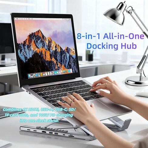 USB C Laptop Stand with Docking Station, 8-in-1 Adjustable Foldable Aluminum Laptop Riser with 4K HDMI, USB 3.0 Ports, 100W PD Fast Charging, Suitable for Home Office in Kuwait