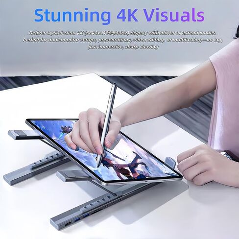 USB C Laptop Stand with Docking Station, 8-in-1 Adjustable Foldable Aluminum Laptop Riser with 4K HDMI, USB 3.0 Ports, 100W PD Fast Charging, Suitable for Home Office in Kuwait