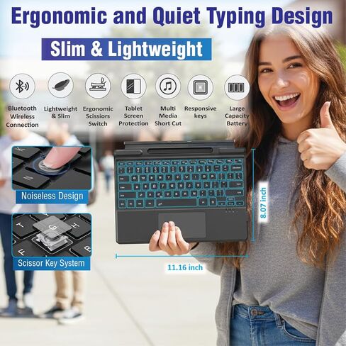 Surface Pro 11/10/9/8/X Keyboard with Trackpad – Wireless Bluetooth Type Cover, 7 Color Backlit Keys, Ultra Slim Magnetic Design, USB-C Rechargeable with Pen Holder in Kuwait