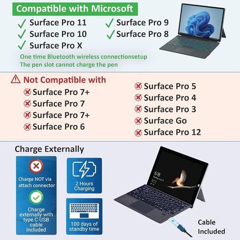 Surface Pro 11/10/9/8/X Keyboard with Trackpad – Wireless Bluetooth Type Cover, 7 Color Backlit Keys, Ultra Slim Magnetic Design, USB-C Rechargeable with Pen Holder in Kuwait