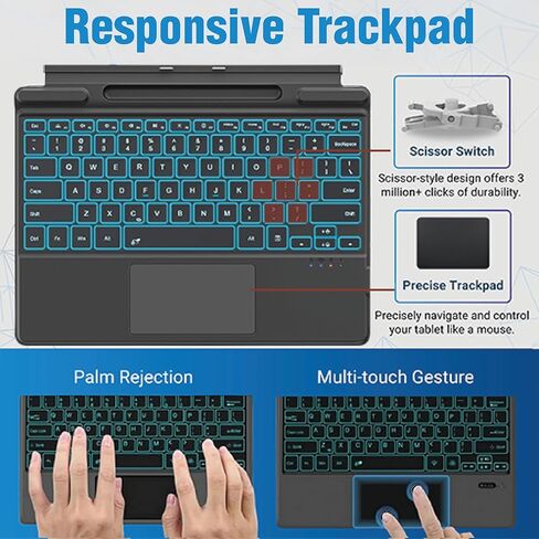 Surface Pro 11/10/9/8/X Keyboard with Trackpad – Wireless Bluetooth Type Cover, 7 Color Backlit Keys, Ultra Slim Magnetic Design, USB-C Rechargeable with Pen Holder in Kuwait